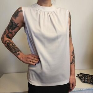 Vintage White Mockneck Tank Top Womens Medium Business Casual Mod Sleeveless